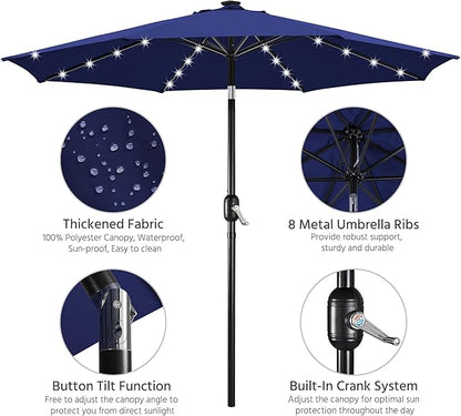 Yaheetech 10FT Solar Patio Umbrella 32 LED Lighted Table Market Umbrella with Tilt and Crank for Garden, Deck, Backyard, Pool and Beach, Navy Blue