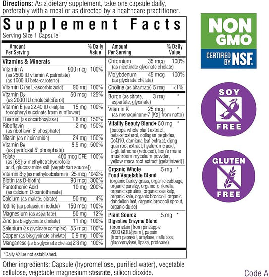 Bluebonnet Nutrition Ladies’ ONE 40+ Whole Food-Bed Multiple, Women Multivitamin for Women 40+, Soy-Free, Non-GMO, Gluten Free, 30 Vegetable Capsules, 30 Servings