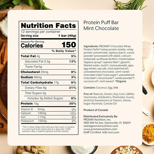 ProMix Nutrition Protein Puff Bars - Mint Chocolate- Marshmallow Crispy Treat - Great Tasting & Healthy On The Go Snack - High Protein & Low Calorie -Free From Gluten, Soy, & Corn - 12 Bars