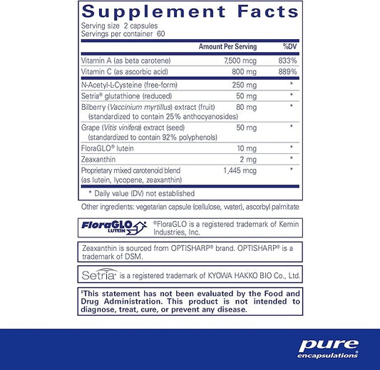Pure Encapsulations Macular Support Formula | Hypoallergenic Supplement with Enhanced Antioxidant Formula for Healthy Eyes* | 120 Capsules