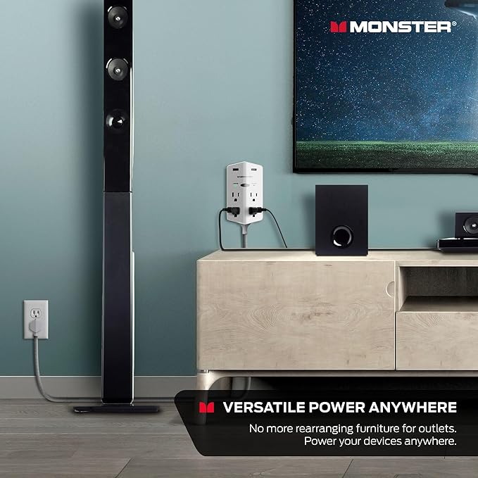Monster Power Shield XL Surge Protector with Outlet Extender, Multiple Plug Outlet with 4 AC Outlets and 2 USB-A Ports, Reliable Wall Outlet with USB Ports