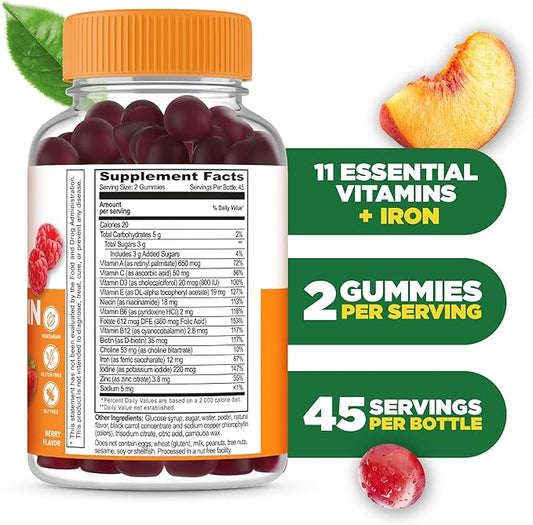Lifeable Multivitamin with Iron for Adult | 13 Essential Vitamins and Minerals for Men and Women | Great Tasting Naturally Sourced Berry Flavor | Vegetarian Non-GMO | 90 Gummies