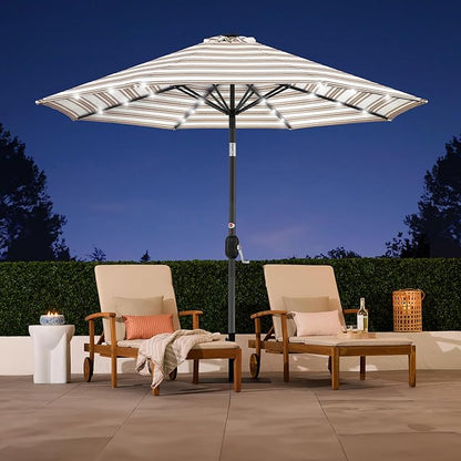 Best Choice Products 10ft Solar Polyester LED Lighted Patio Umbrella w/Tilt Adjustment and UV-Resistant Fabric - Striped Tan
