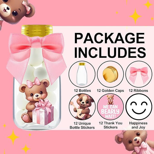 Small 12 Pack We Can Bearly Wait Party Favors for Girl - Candy Jars with Ribbon and Stickers - DIY Party Decoration Bottles for Baby Shower and Gender Reveal - Pink Teddy Bear Table Centerpiece