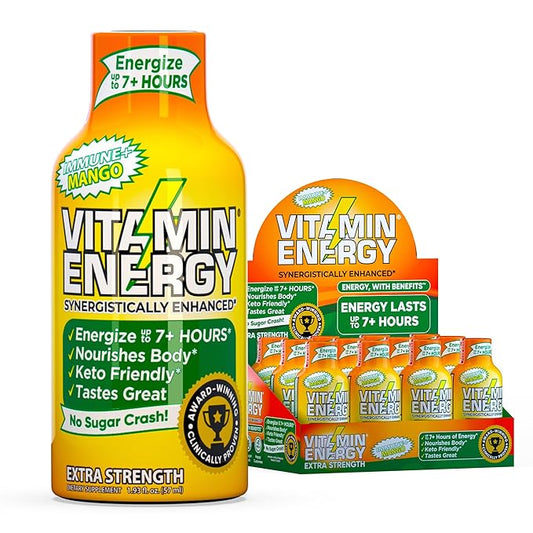 Vitamin Energy Immune+ Extra Strength Daily Energy Shot – Mango – 260mg Natural Caffeine, B-Vitamins, Green Tea, Citicoline – Immune & Focus Support – Zero Sugar, Vegan – 1.93 fl oz, 12-Pack