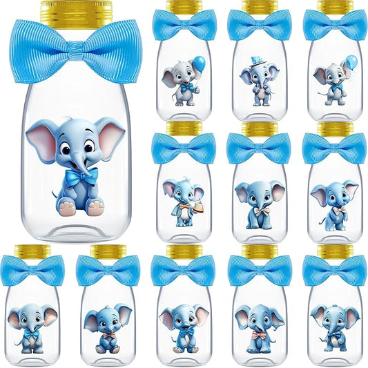 Small 12 Pack Blue Elephant Party Favors - Candy Jars with Ribbons and Stickers - DIY Party Decoration Bottles for Baby Shower, Birthday, Gender Reveal, and Classroom - Boy Table Centerpiece