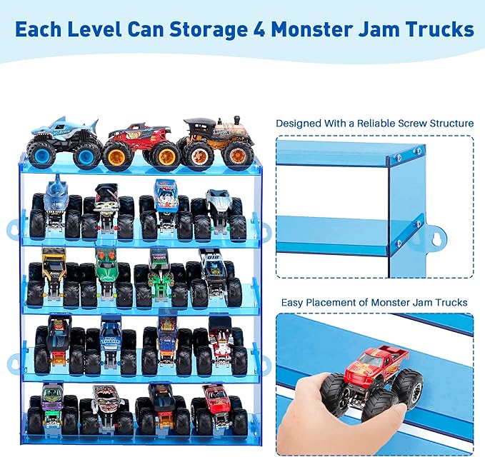 Assembly Monster Trucks Display Case - 5 Tier Acrylic Storage Case with Tilted Design, Organizer for 20 Toy Trucks (Blue)