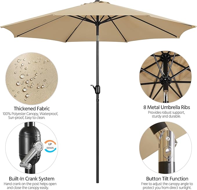 Yaheetech 10FT Patio Umbrella Outdoor Patio Yard Market Table Umbrella with Push Button Tilt & Crank for Garden/Beach/Lawn/Deck/Backyard/Pool, 8 Ribs, Tan