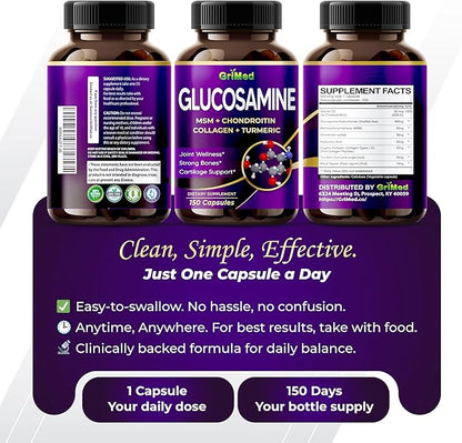 GriMed Glucosamine 12,000mg - X12 Power with MSM, Chondroitin, Collagen, Turmeric for Joint Wellness, Strong Bones, Cartilage Support - USA Made & Tested