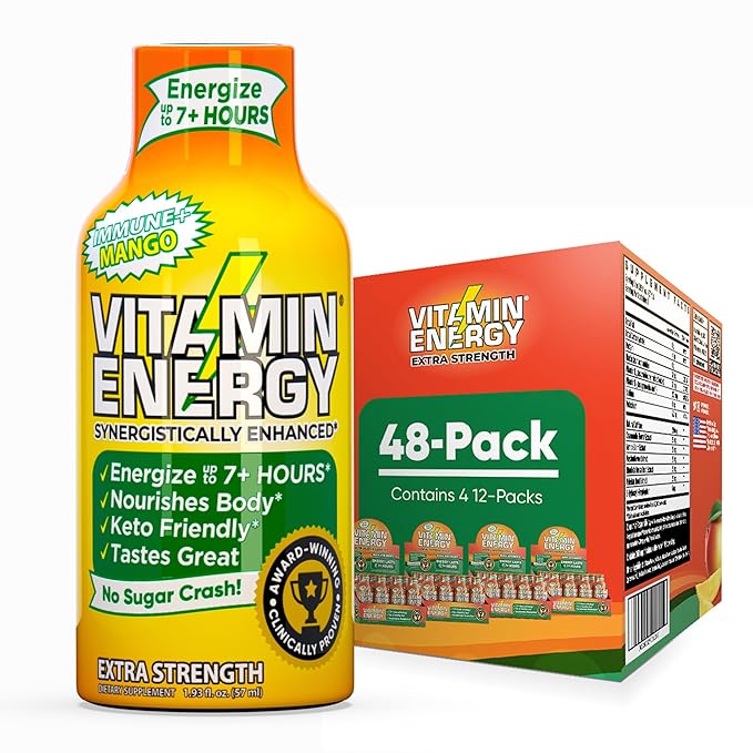 Vitamin Energy Immune+ Extra Strength Daily Energy Shot – Mango – 260mg Natural Caffeine, B-Vitamins, Green Tea, Citicoline – Immune & Focus Support – Zero Sugar, Vegan – 1.93 fl oz, 48-Pack