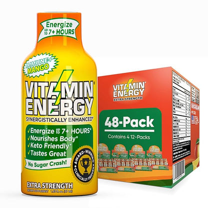 Vitamin Energy Immune+ Extra Strength Daily Energy Shot – Mango – 260mg Natural Caffeine, B-Vitamins, Green Tea, Citicoline – Immune & Focus Support – Zero Sugar, Vegan – 1.93 fl oz, 48-Pack