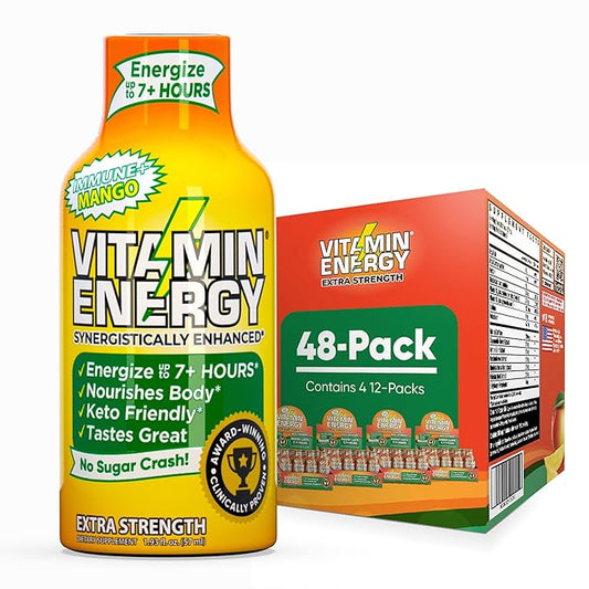 Vitamin Energy Immune+ Extra Strength Daily Energy Shot – Mango – 260mg Natural Caffeine, B-Vitamins, Green Tea, Citicoline – Immune & Focus Support – Zero Sugar, Vegan – 1.93 fl oz, 48-Pack