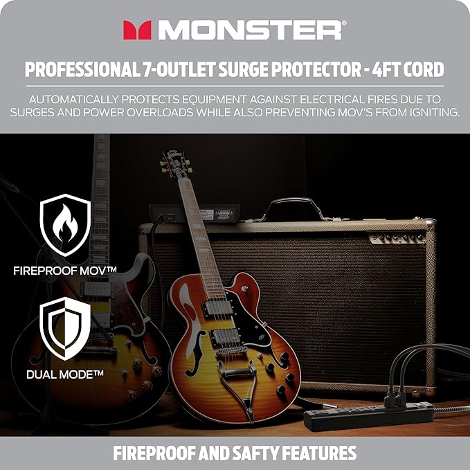 Monster Pro MI Professional Surge Protector Power Strip with Fireproof MOV Technology for Computers, Amplifiers, Pedal Boards, and Pro Audio Gear, 1350 Joule, 4 ft Cord, 7 Outlet Power Strips