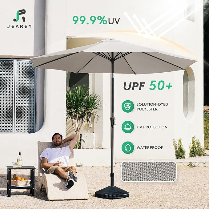 JEAREY 10FT Outdoor Patio Umbrella Outdoor Table Umbrella with Push Button Tilt and Crank, Market Umbrella 8 Sturdy Ribs UV Protection Waterproof for Pool, Garden (Fog Gray)