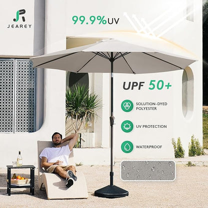 JEAREY 9FT Outdoor Patio Umbrella Outdoor Table Umbrella with Push Button Tilt and Crank, Market Umbrella 8 Sturdy Ribs UV Protection Waterproof for Garden, Deck, Backyard, Pool (Fog Gray)