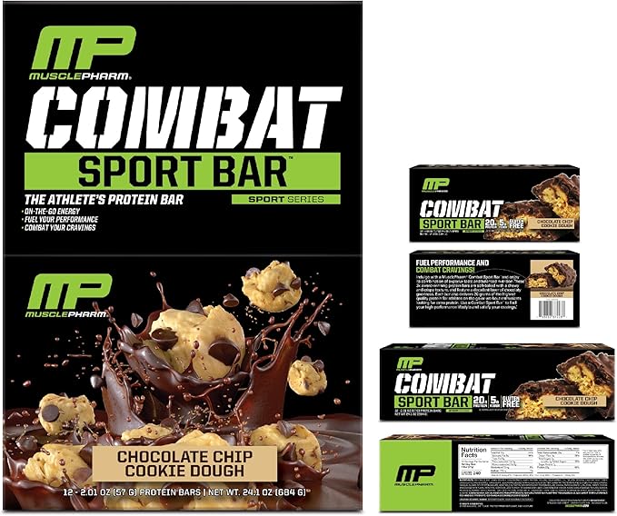 MusclePharm Combat Sport Bar, Chocolate Chip Cookie Dough, High Protein Bars, Combat Cravings, Fuel Performance & Meet Energy Demands, 20g Protein from Whey Protein, 5g Fiber, Gluten Free, 12 Bars
