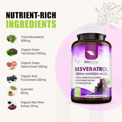 Resveratrol 1600mg, Trans-Resveratrol Antioxidant Supplement with Green Tea, Grape Seed Extract and Quercetin, Helps to Support Digestive Health and Immune System, 180 Capsules