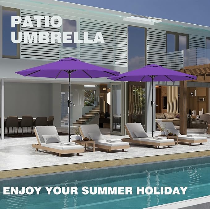 9 FT Patio Umbrella for Outdoor, Outdoor Umbrella with Push Button Tilt and Crank, Outdoor Patio Umbrellas with 8 Sturdy Ribs for Market, Garden, Deck, Backyard, Pool (Dark Purple)