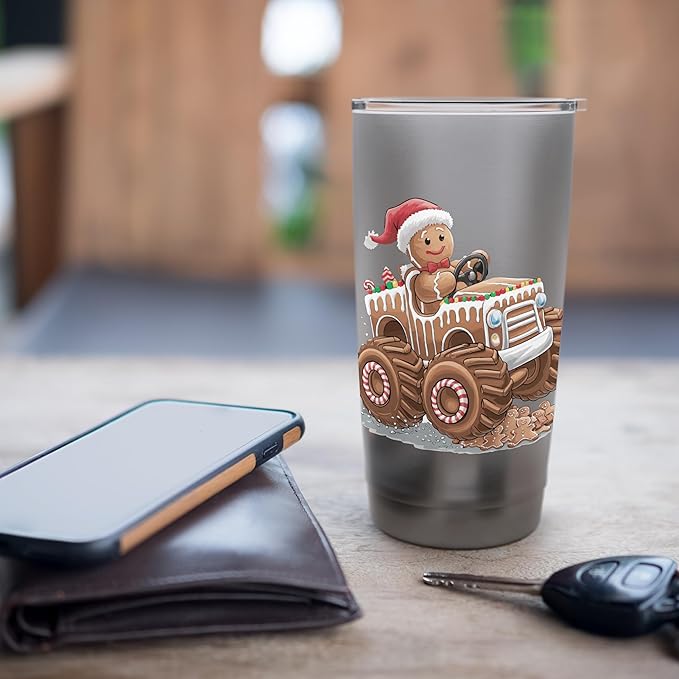Funny Monster Truck Gingerbread Man Christmas Cookies Boys Stainless Steel Insulated Tumbler