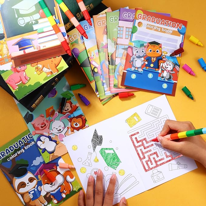 BenLouis 24 Kindergarten Graduation Mini Coloring Books Kids with 24 Stacking Crayons Preschool Party Favors Activity Books Bulk for Kids Student Grad Party Goodie Bag Gift Stuffer Classroom Reward