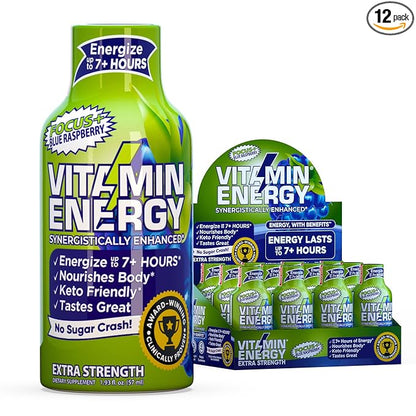 Vitamin Energy Focus+ Extra Strength Daily Energy Shot – Blue Raspberry – 260mg Natural Caffeine, 100% DV B-Vitamins – Focus & Productivity Support – Zero Sugar, Vegan, Kosher – 1.93 fl oz, 12-Pack
