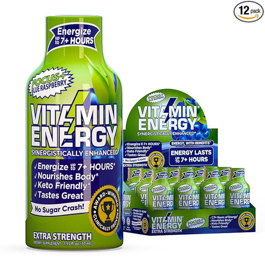 Vitamin Energy Focus+ Extra Strength Daily Energy Shot – Blue Raspberry – 260mg Natural Caffeine, 100% DV B-Vitamins – Focus & Productivity Support – Zero Sugar, Vegan, Kosher – 1.93 fl oz, 12-Pack
