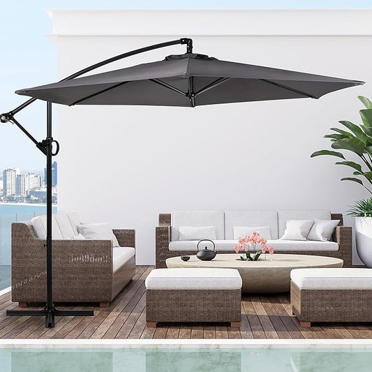 Shintenchi Patio Offset Umbrella With Easy Tilt Adjustment, Crank and Cross Base, Outdoor Cantilever Hanging Sunshade Canopy, Dark Gray
