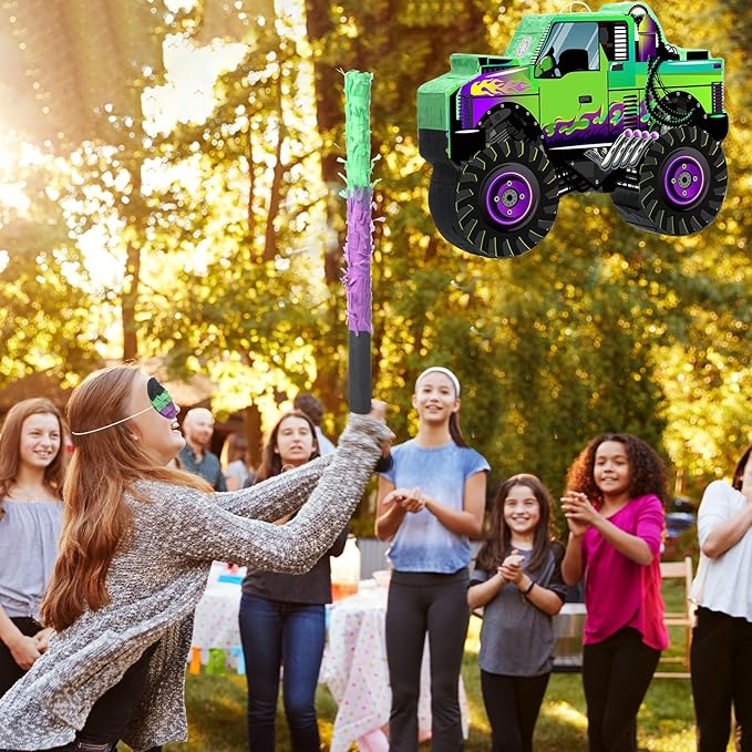 Threan Monster Truck Party Decorations Green and Purple Monster Truck Piñata Racing Car Piñata Game with Stick Blindfold for Adults Cool Birthday Party Decor Supplies