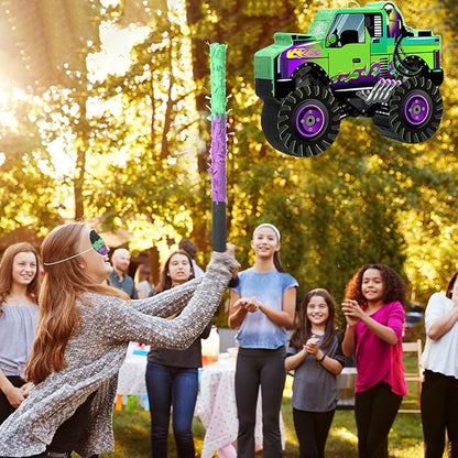 Threan Monster Truck Party Decorations Green and Purple Monster Truck Piñata Racing Car Piñata Game with Stick Blindfold for Adults Cool Birthday Party Decor Supplies