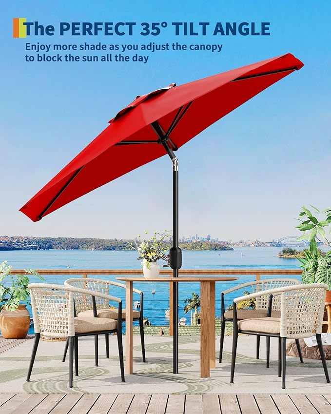 7.5FT Patio Umbrella Outdoor, Market Umbrella, Table Umbrella with Push Button Tilt and Crank, 6 Sturdy Ribs UV Protection Waterproof for Garden, Pool, Deck, Backyard (Red)