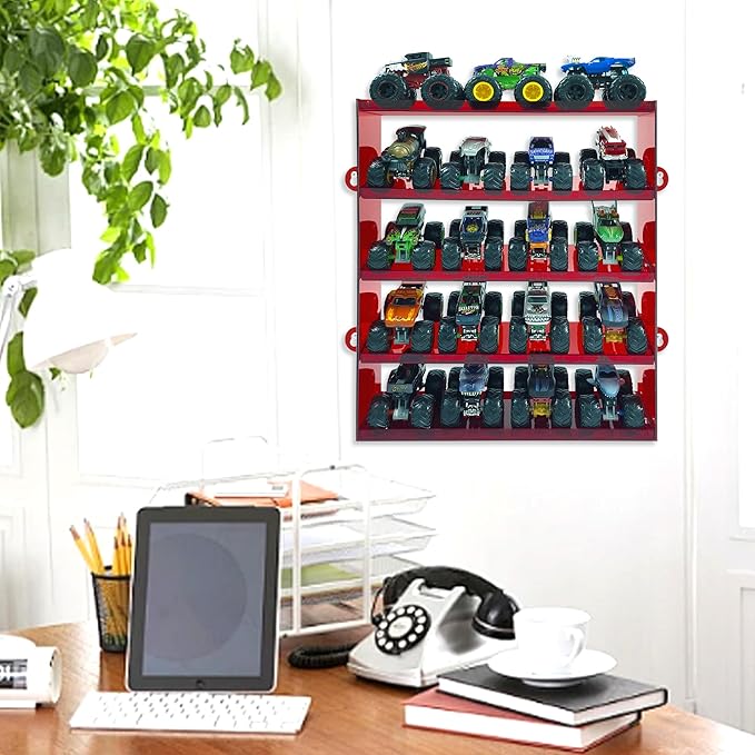 Assembly Monster Trucks Display Case Holding for 20 Monster Trucks Acrylic Storage Case 5 Tiers Monster Trucks Organizer with Tilted Design, Display Case for Toy Trucks (Red)