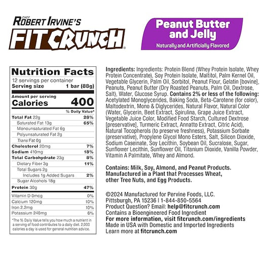 FITCRUNCH Full Size Protein Bars, 6-Layer Baked Bar, 2g of Sugar, Gluten Free & Soft Cake Core (12 Bars, Peanut Butter and Jelly)
