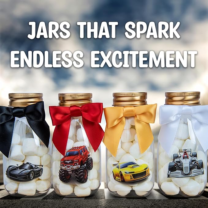 Small 12 Pack Race Car Party Favors - DIY Candy Jars with Ribbons and Stickers - Party Decoration Bottles for Birthday, School Classroom, and Baby Shower - Racecar Table Centerpiece for Kids
