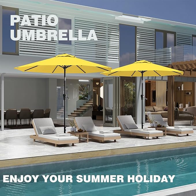 9 FT Patio Umbrella for Outdoor, Outdoor Umbrella with Push Button Tilt and Crank, Outdoor Patio Umbrellas with 8 Sturdy Ribs for Market, Garden, Deck, Backyard, Pool (Yellow)
