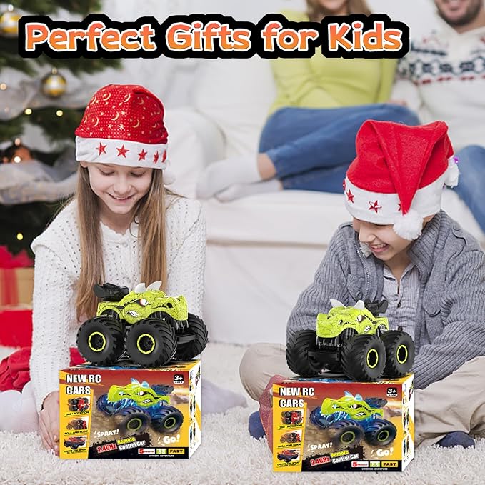 Remote Control Car, 2.4GHz Monster Trucks for Boys Girls with Light, Sound & Spray, Stunt Car Toys Gift for Kids 3 4 5 6 7 8, 4WD All Terrain RC Cars for Toddlers with 2 Batteries