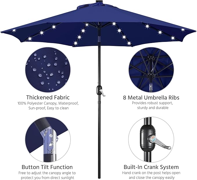 Yaheetech 9FT Solar Powered Patio Umbrella - UV Protection Market Table Umbrella w/ 32 LED Lights & Push Button Tilt & Crank Lift System for Garden/Lawn/Deck/Backyard/Pool, Navy Blue