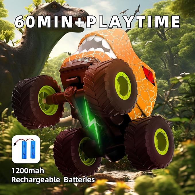 Dinosaur Remote Control Car,RC Monster Trucks for Boys 3-12 Year Old,360° Rotating RC Stunt Car Truck Toys with Spray,Light & Sound,All Terrain RC Cars Birthday Party Gift for Kids (Orange)