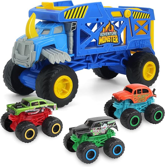 Monster Trucks Hauler Rhino with 3 Mini Trucks & Super Ramp Launch, Gift for Kids Ages 3+ Years
