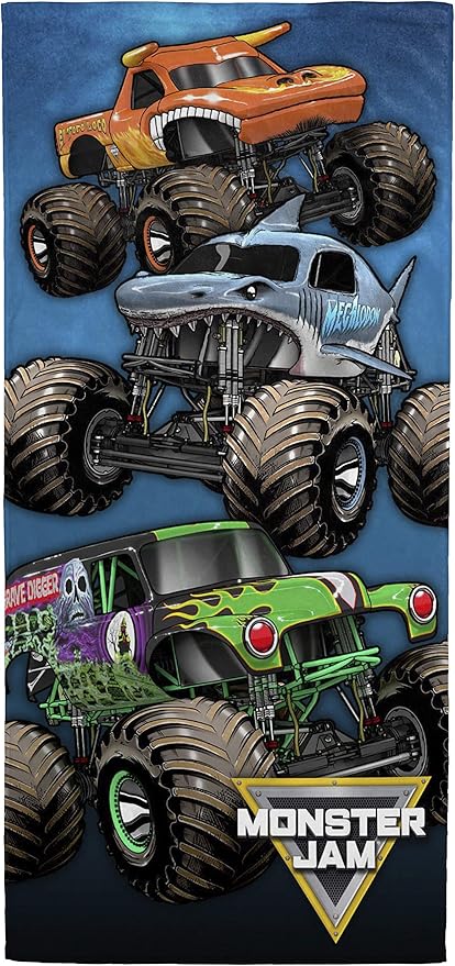 Jay Franco Monster Jam Team Up Kids Bath/Pool/Beach Towel - Features Grave Digger & Megalodon - Super Soft & Absorbent Cotton Towel, Measures 28 x 58 inches (Official Monster Jam Product)