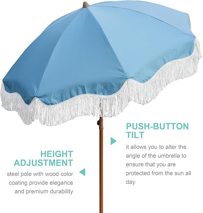AMMSUN Boho Fringe Umbrella Outdoor Patio, 6.5ft UPF50+ Picnic Umbrella with Tassels with Steel Pole and Push Button Tilt, Blue