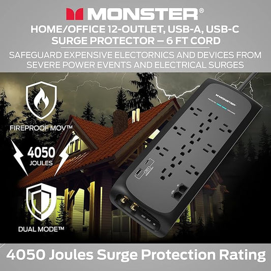 Monster Black Heavy Duty Surge Protector Power Strip 6 ft Cord with 12 120V-Outlet Extension, 2 Ethernet Switch Ports, 4050J Rating, 1 USB-A, and 1 USB-C Charging Ports – Ideal for Computers & Offices