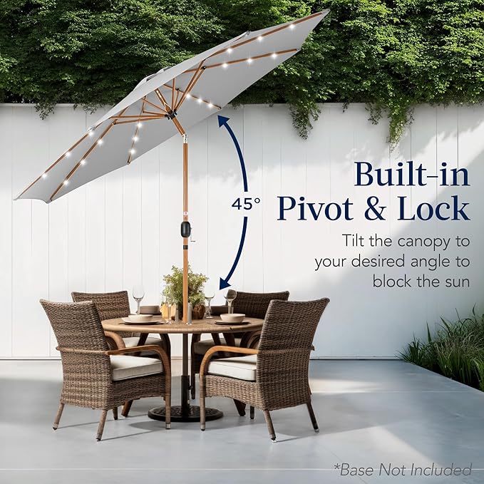 Best Choice Products 10ft Solar Market Patio Umbrella w/Woodgrain Pattern Pole, LED Lights, Tilt & Crank – Outdoor Sun Shade for Backyard Table, Deck, Poolside – Fog Gray