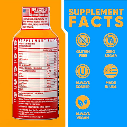 Vitamin Energy Immune+ Extra Strength Daily Energy Shot – Orange Burst – 260mg Natural Caffeine, B-Vitamins, Green Tea, Citicoline – Immune & Focus Support – Zero Sugar, Vegan – 1.93 fl oz, 12-Pack
