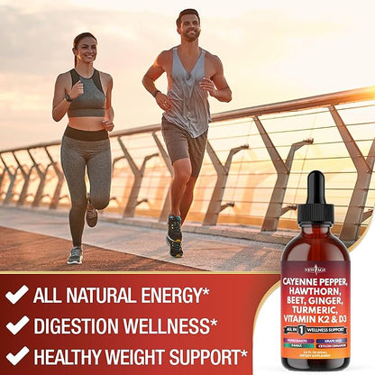 Cayenne Pepper Supplement Liquid Drops + Hawthorn Berry, Vitamin D3 K2 Beet Root Powder, Ceylon Cinnamon, Turmeric Curcumin, Organic Panax Ginseng - 6oz