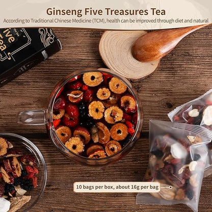 Ginseng Five Treasures Kidney Tea - Traditional Chinese Herbal, Natural Organic Cleanse Detox for Women & Men, 7 Precious Ingredients Formula (2 Pack/50 Bags)