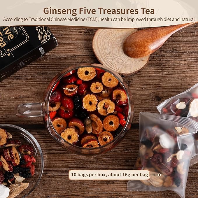 Ginseng Five Treasures Kidney Tea - Traditional Chinese Herbal, Natural Organic Cleanse Detox for Women & Men, 7 Precious Ingredients Formula (2 Pack/50 Bags)