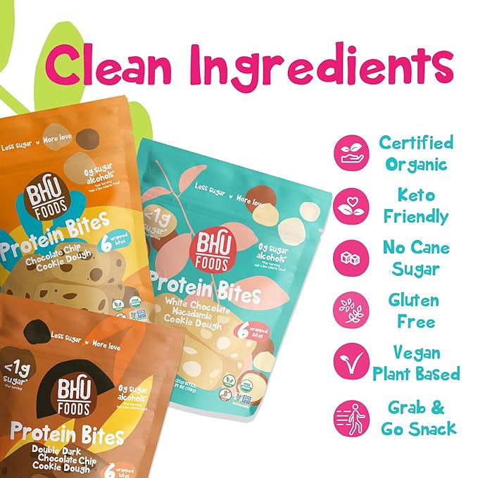 Bhu Foods Keto Bites, Best Sellers Variety Pack, Chocolate Chip, Dark Chocolate, Macadamia Cookie Dough, Organic Snacks for Adults, Individually Wrapped (3 Pack)