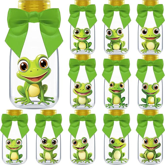 Small 12 Pack Frog Party Favors - DIY Candy Jars with Ribbons and Stickers - Party Decoration Bottles for Birthday, School Classroom, and Baby Shower - Toad Theme Table Centerpiece for Kids