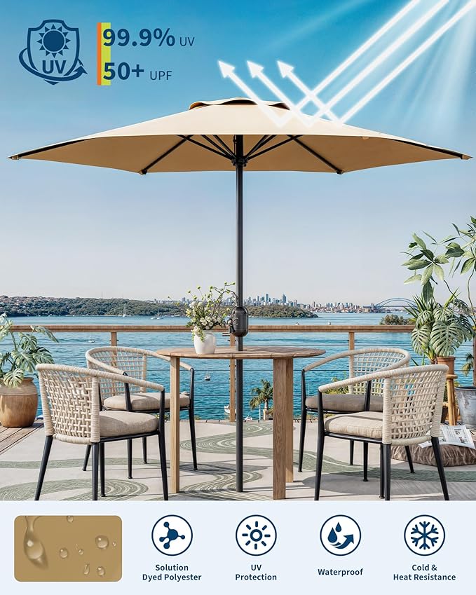 7.5FT Patio Umbrella Outdoor, Market Umbrella, Table Umbrella, 6 Sturdy Ribs UV Protection Waterproof for Garden, Pool, Deck, Backyard (Tan)