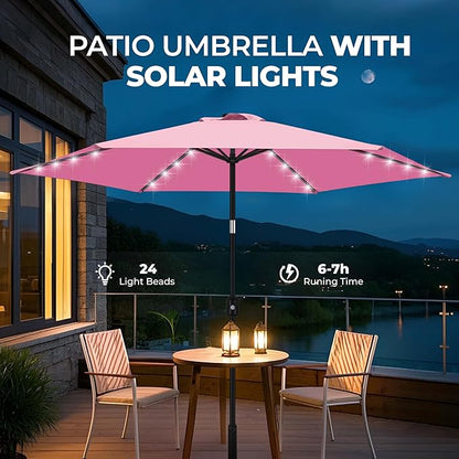 FRUITEAM Solar Lights Patio Umbrella, 7.5FT Heavy Duty Outdoor Umbrella with High-Strength Frame & LED Lights, All-Weather UV Protection Sun Shade for Poolside, Garden, Backyard (Pink)